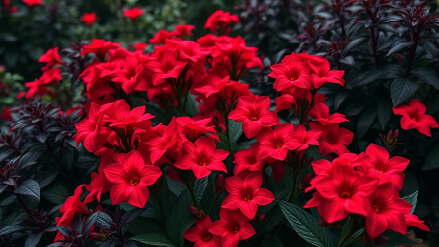 Vibrant red flowers in goth gardens with dark foliage.