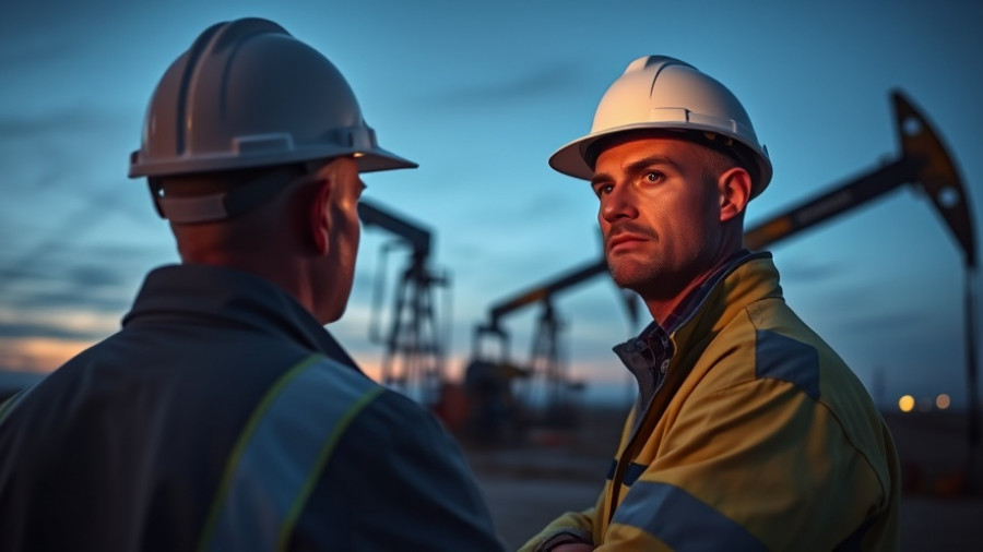 Engineer assessing oil pumpjack at dusk for investment insights.
