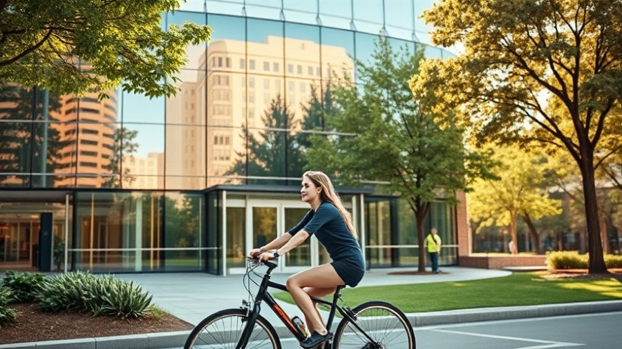 Woman biking past a modern glass building in sunlight, Alphabet stock surge context.