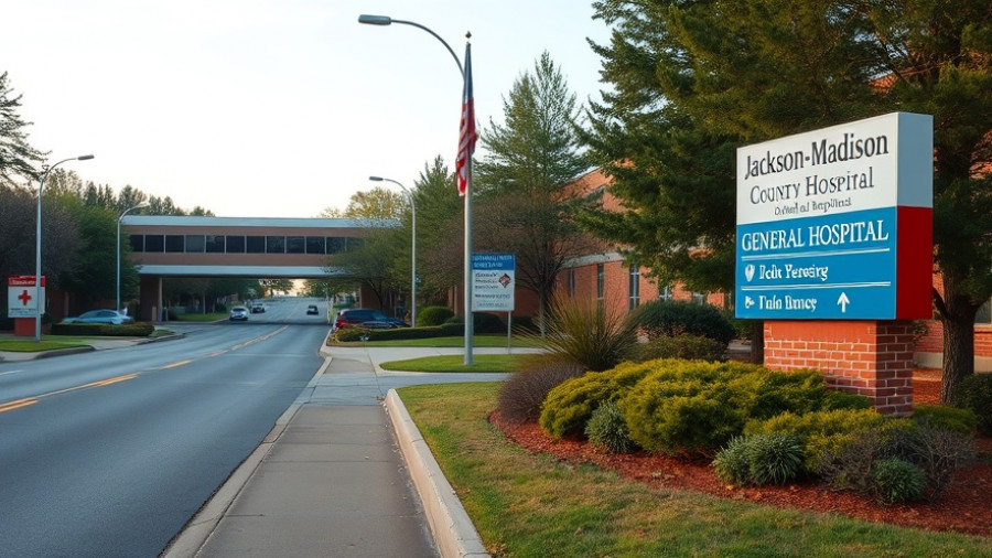 Jackson-Madison County Hospital entrance sign with quiet road, Medicare Medicaid impact shutdown.