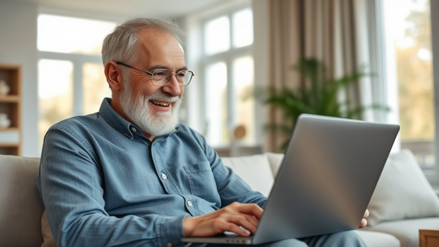 Senior man using a laptop for a video call in a modern living room.