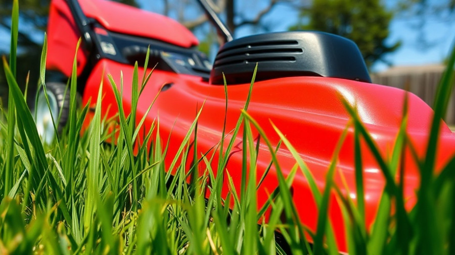 Close-up of lawn mower cutting grass short for winter preparation