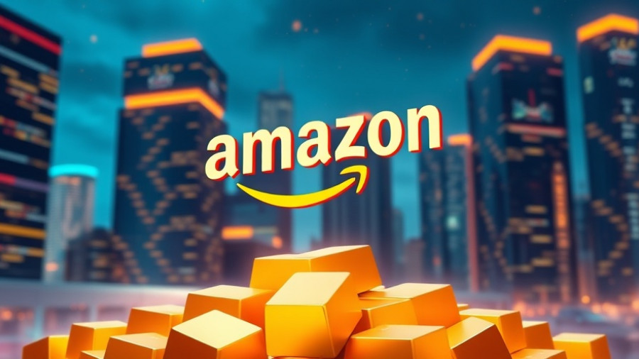 Amazon stock concept with cityscape background in digital art.