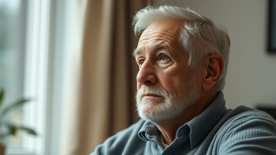 Elderly man sitting quietly indoors, thoughtful expression.