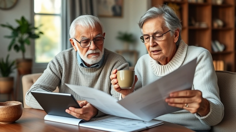 Older couple reviewing retirement savings plans at home, cozy setting.