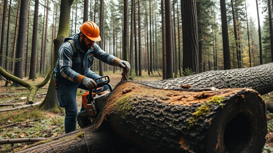 Golden State Tree Service worker cutting fallen tree in forest.
