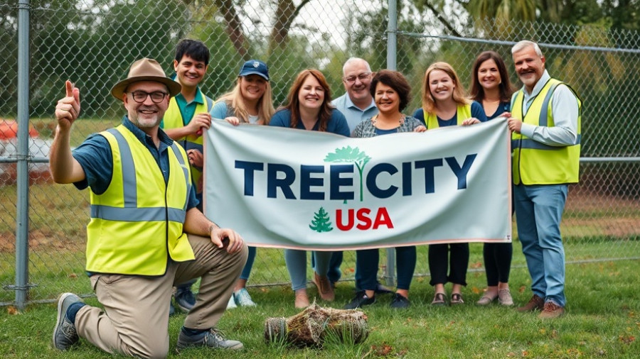 Cheerful arborist holding Tree City USA banner for 2025 Arborist of the Year.