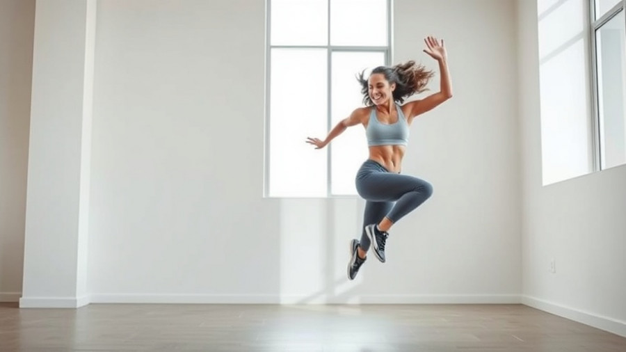 Young woman performing a jump exercise indoors, illustrating fitness.