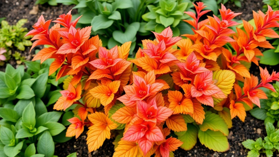 Vibrant caramel coral bells in garden, showcasing lush orange-pink foliage.