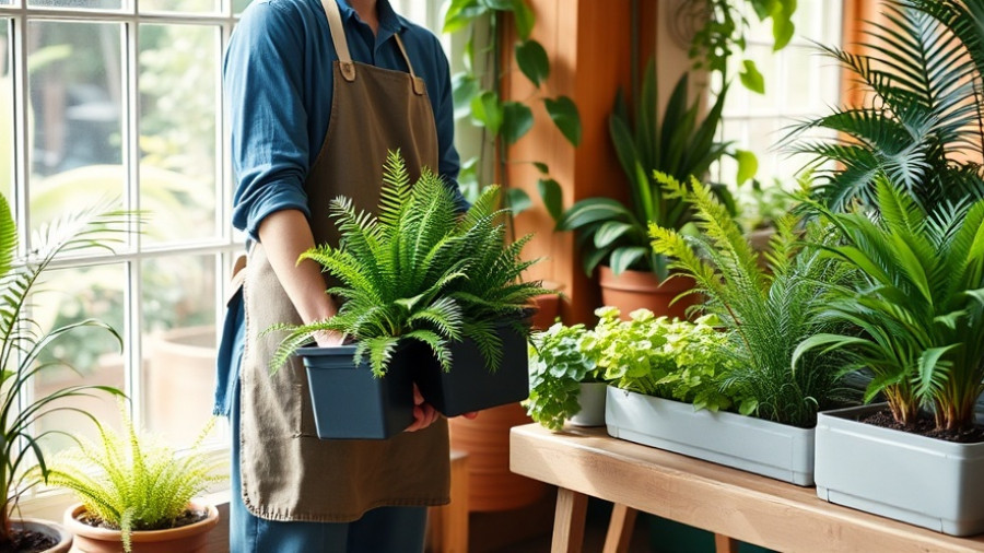 Indoor food forest setup with various plants by a window.