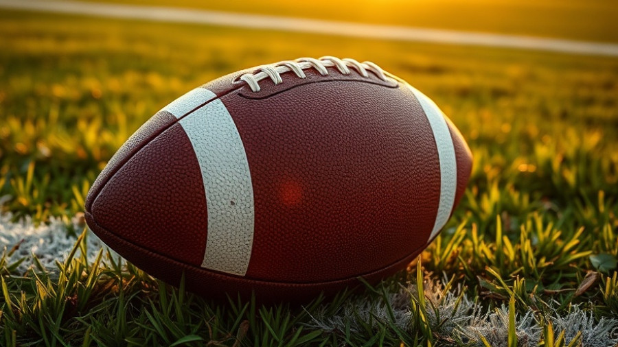 Football on 50-yard line at sunset for fall sports injuries prevention.