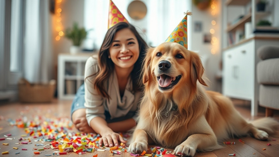 Woman and dog celebrating birthday on a confetti floor in Muskegon.