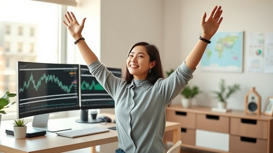 Woman celebrates at desk with stock trading success.