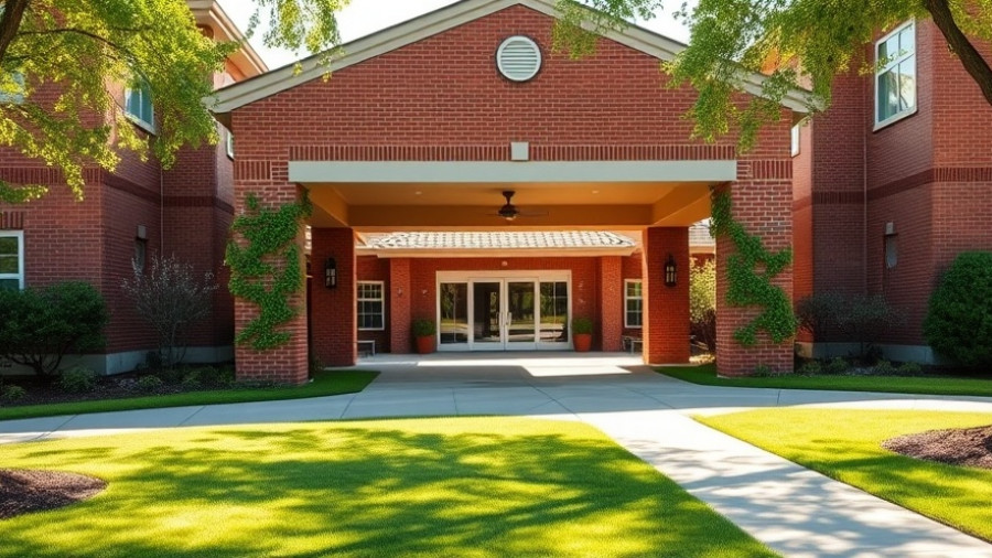 Senior living facility entrance in Muskegon, brick building.