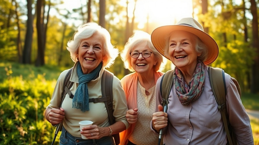 AI in Senior Living: Group of senior women hiking together in nature.