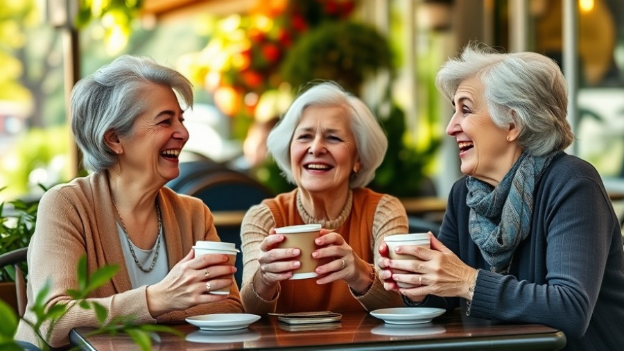 Three senior women laughing over coffee at a cafe, highlighting senior discounts for Muskegon seniors.
