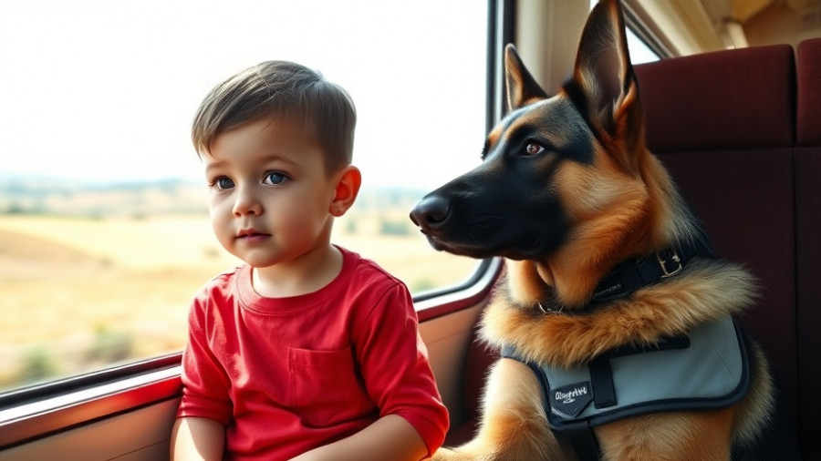 Child with therapy dog, autism, on train watching countryside.
