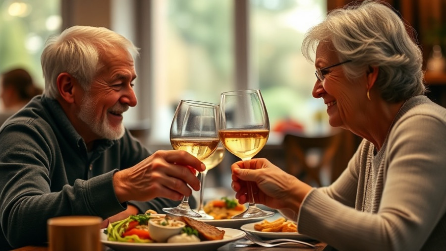 Senior couple enjoying a meal at a cozy cafe, highlighting senior living options in Muskegon.