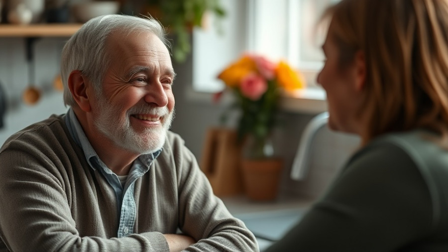 Elderly man smiling in conversation, illustrating APOE4 gene Alzheimer's risk.
