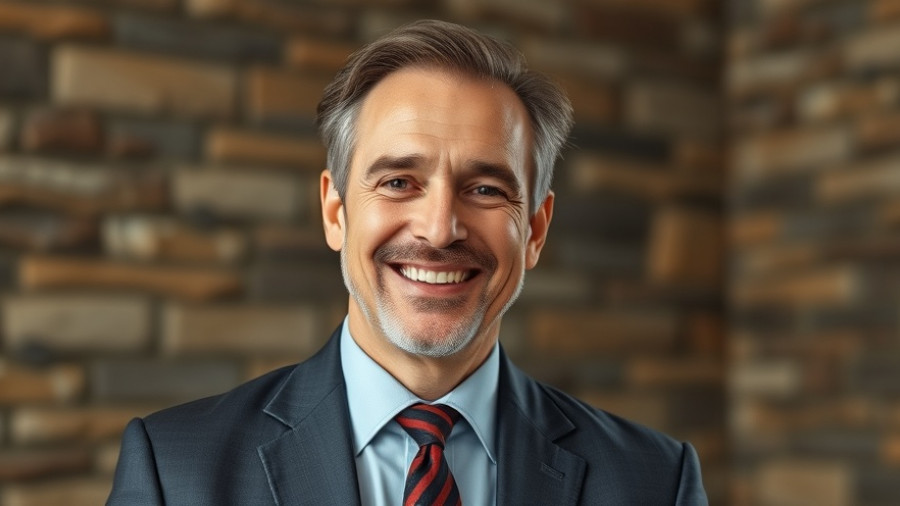 Middle-aged man smiling against a stone wall background.