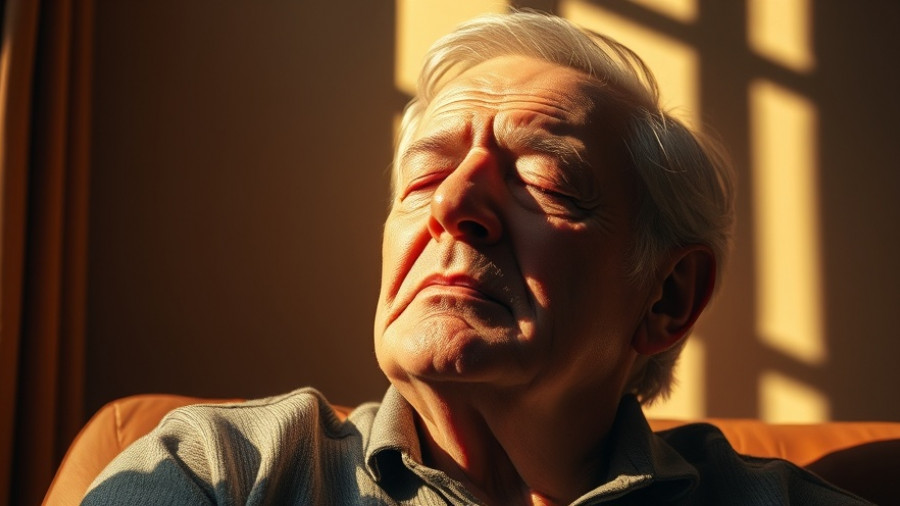 Elderly man in sunlight, serene expression, Alzheimer's disease context.