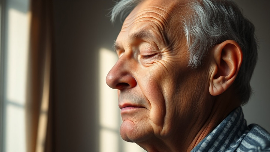 Elderly man in warm light, reflecting quietly, highlighting Alzheimer's themes.