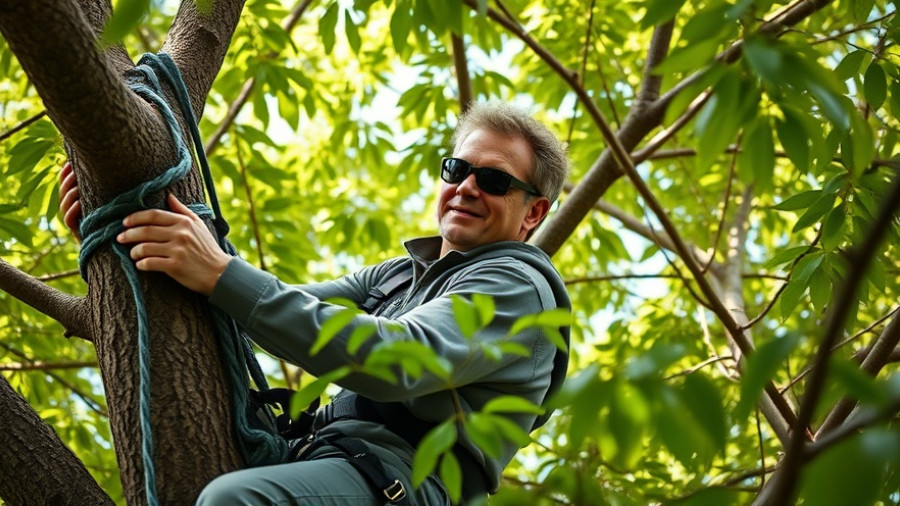 Tree climbing championship participant maneuvering skillfully