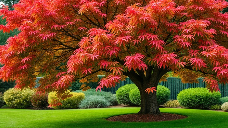 Colorful Japanese maple tree in landscaped garden.