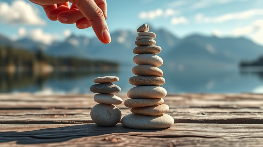 Income Stock Comparison: stones stacked in balance, serene background.