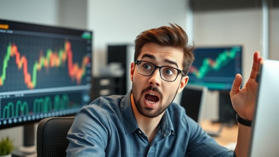 Young man surprised by stock charts, analyzing financial data.