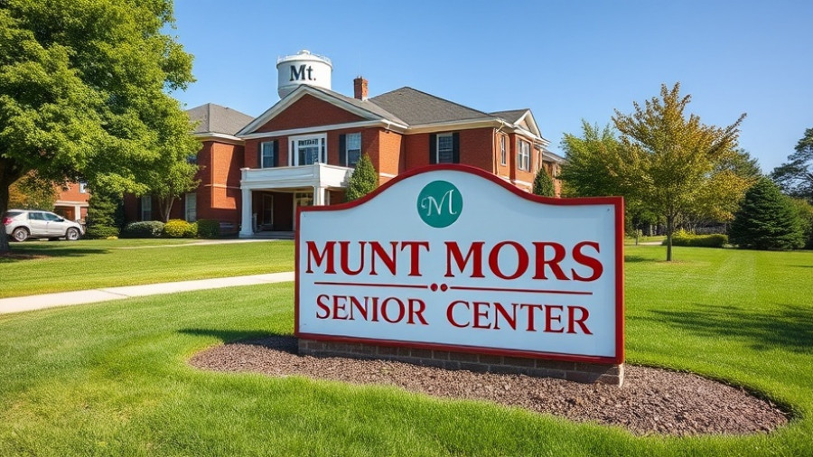 Mt. Morris Senior Center sign in green landscape, blue sky.