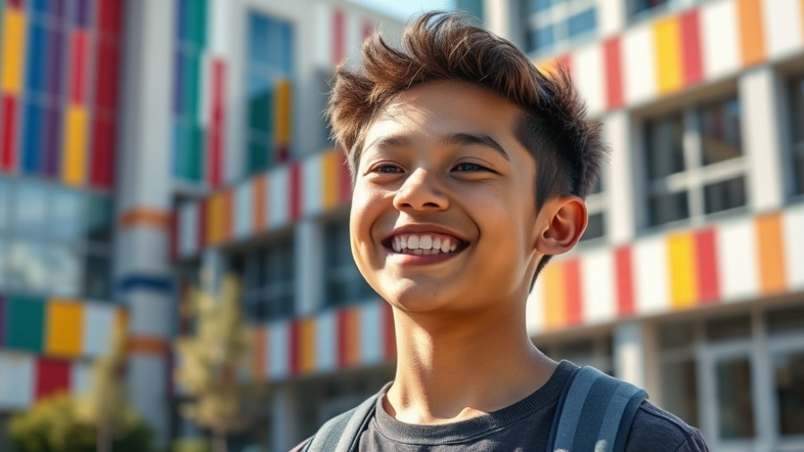 Smiling young person outside Suffolk New College for Ipswich karate championships.