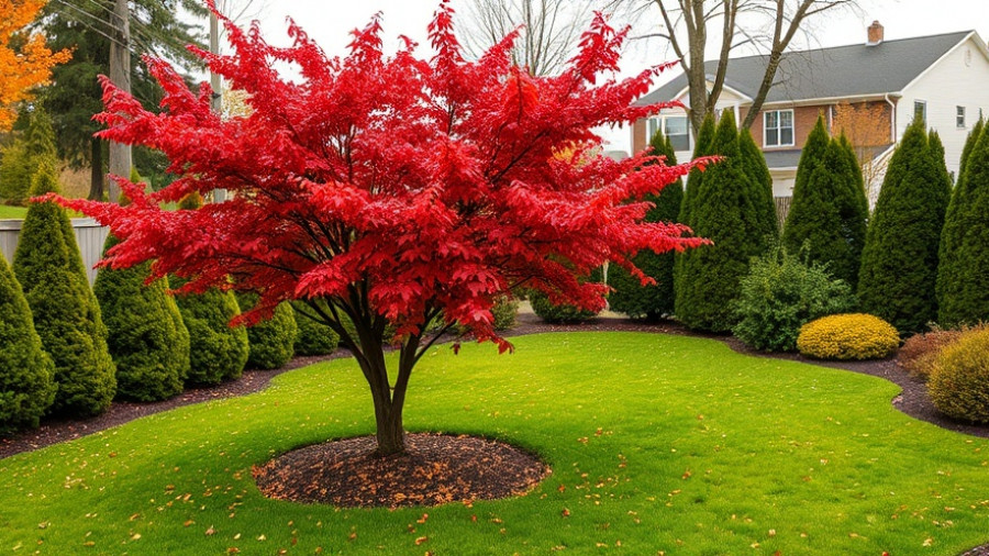 Autumn backyard in Shelby MI with vibrant tree and trimmed lawn.