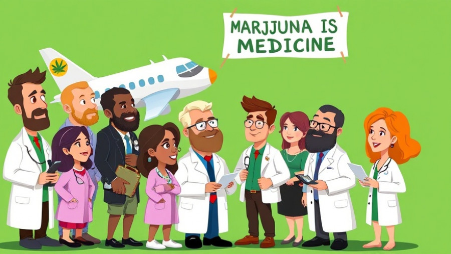Cartoon of doctors discussing cannabis with 'Marijuana is Medicine' banner.