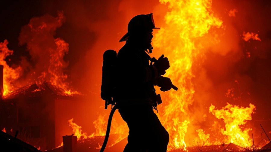Firefighter battling house fire amid California blaze, vivid orange flames.
