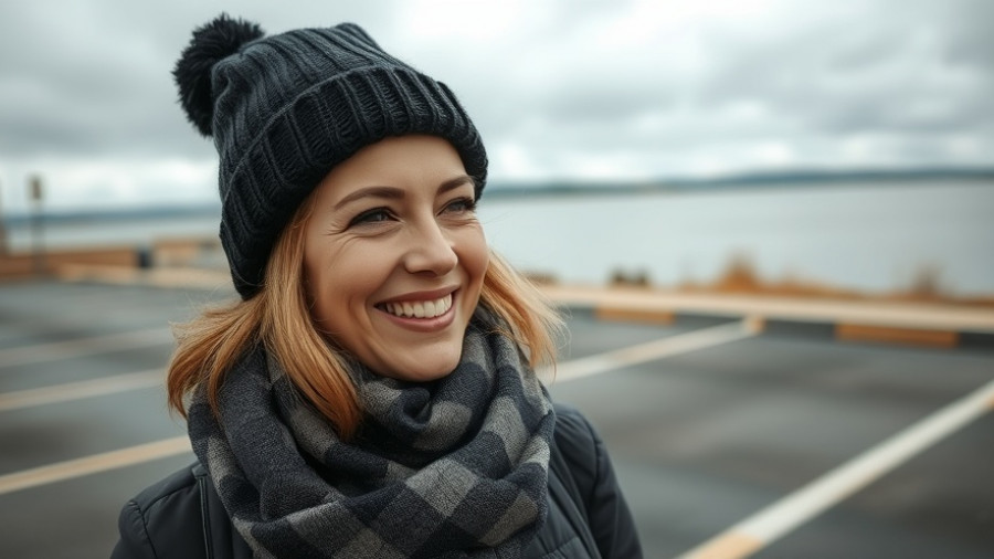 Casually dressed woman enjoys a cloudy day by a lake.