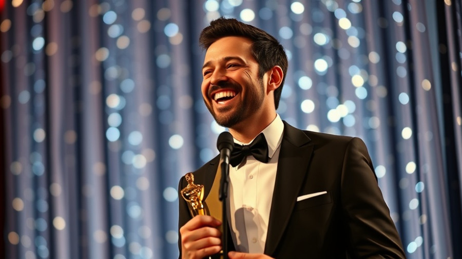 Joyful award recipient at film event, promoting autism in film.