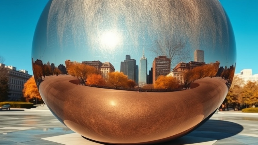 Reflective stone sphere in urban park, sunny autumn day