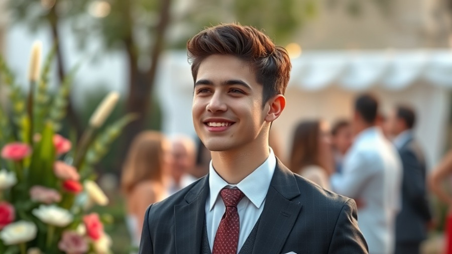 Smartly dressed man at outdoor event with flowers, thoughtful expression.