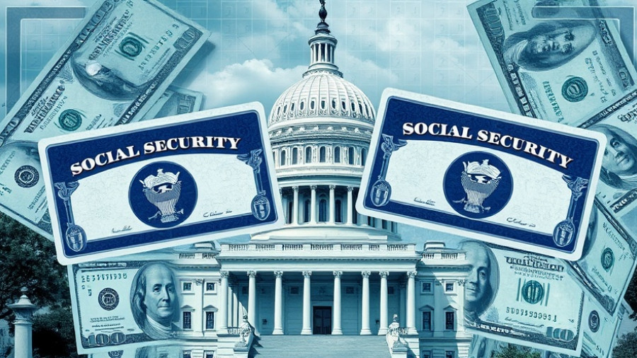 Symbolic collage of Social Security, US Capitol, and currency, Apply for Social Security in Muskegon.