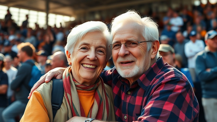Happy senior couple at sports event, enjoying healthy relationships.