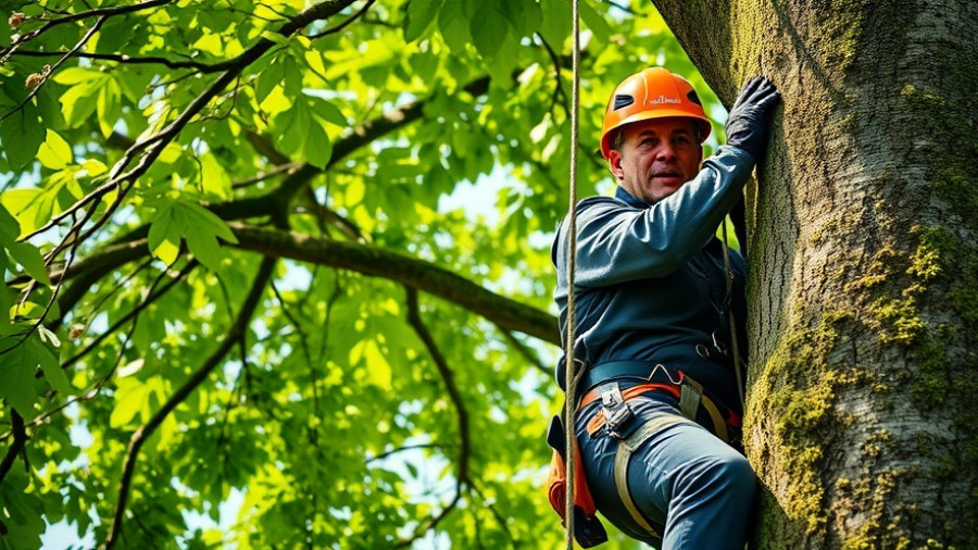 Local tree expert climbing tree in Shelby Michigan.