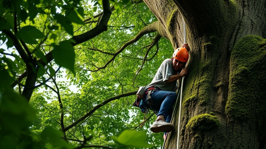 World tree climbing champion ascending a tree with gear.