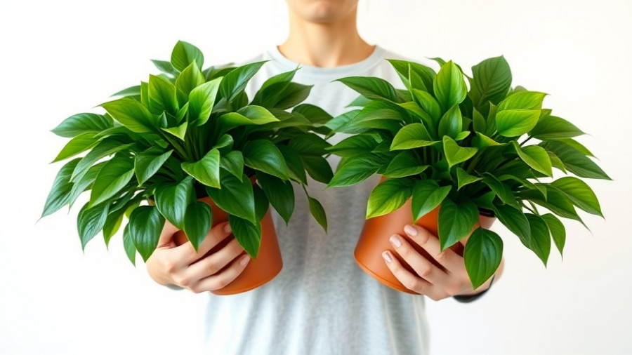 Person holding houseplants indoors against white background.