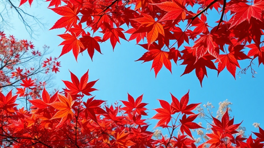 Vibrant red Autumn Blaze maple tree leaves against blue sky