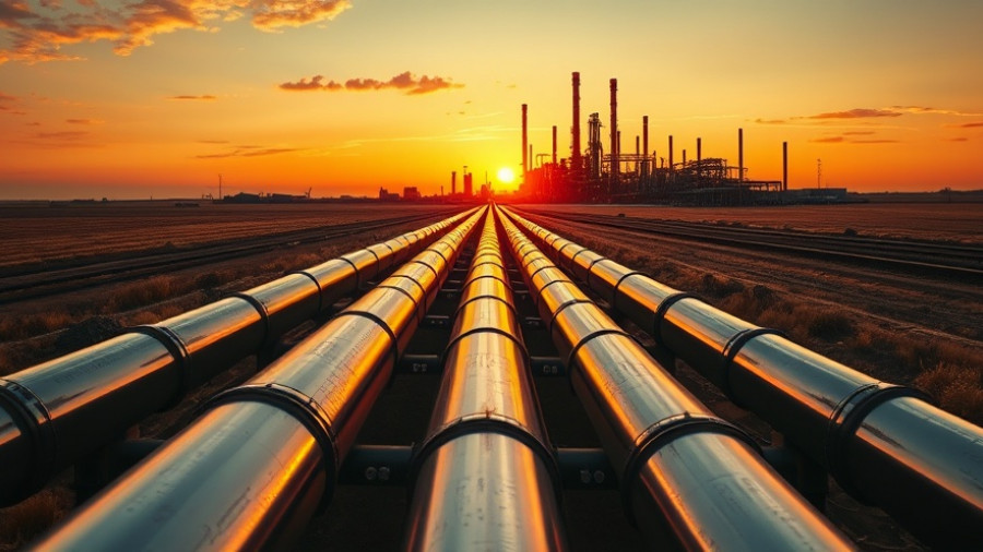 Pipelines leading to an oil refinery at sunset, highlighting energy infrastructure investment.