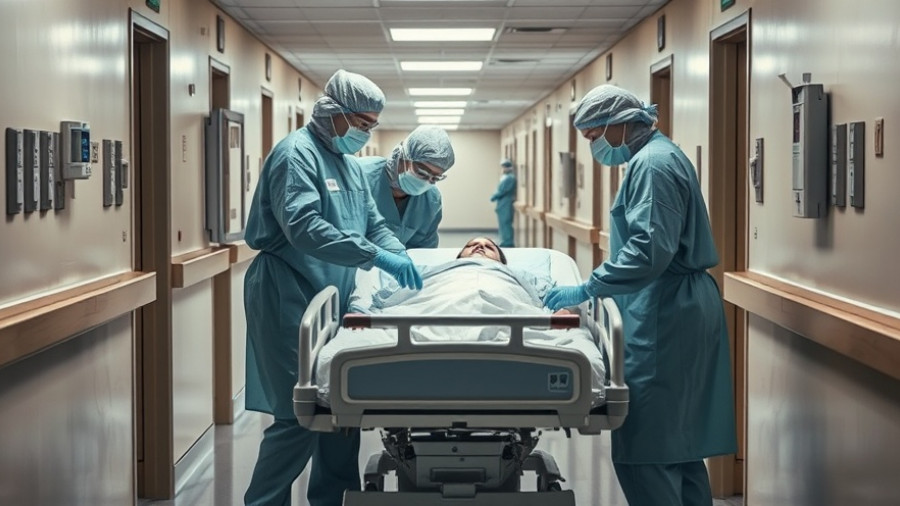 Healthcare workers urgently moving a patient in a hospital.