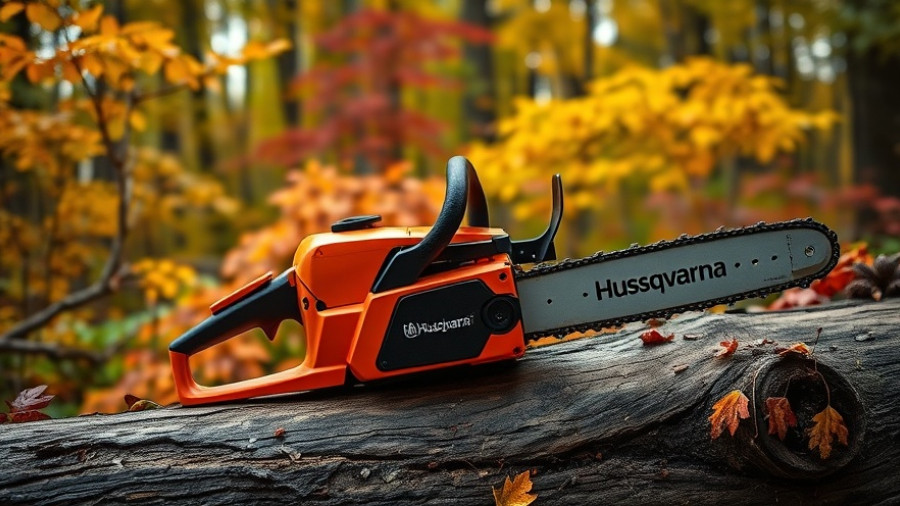 Sleek Husqvarna chainsaw on log in autumn forest.