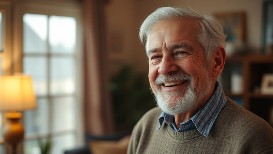Smiling elderly man in cozy room, karate classes Gurnee context.