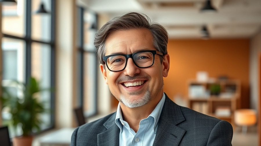 Middle-aged man smiling in office, related to insurance options senior care Muskegon.
